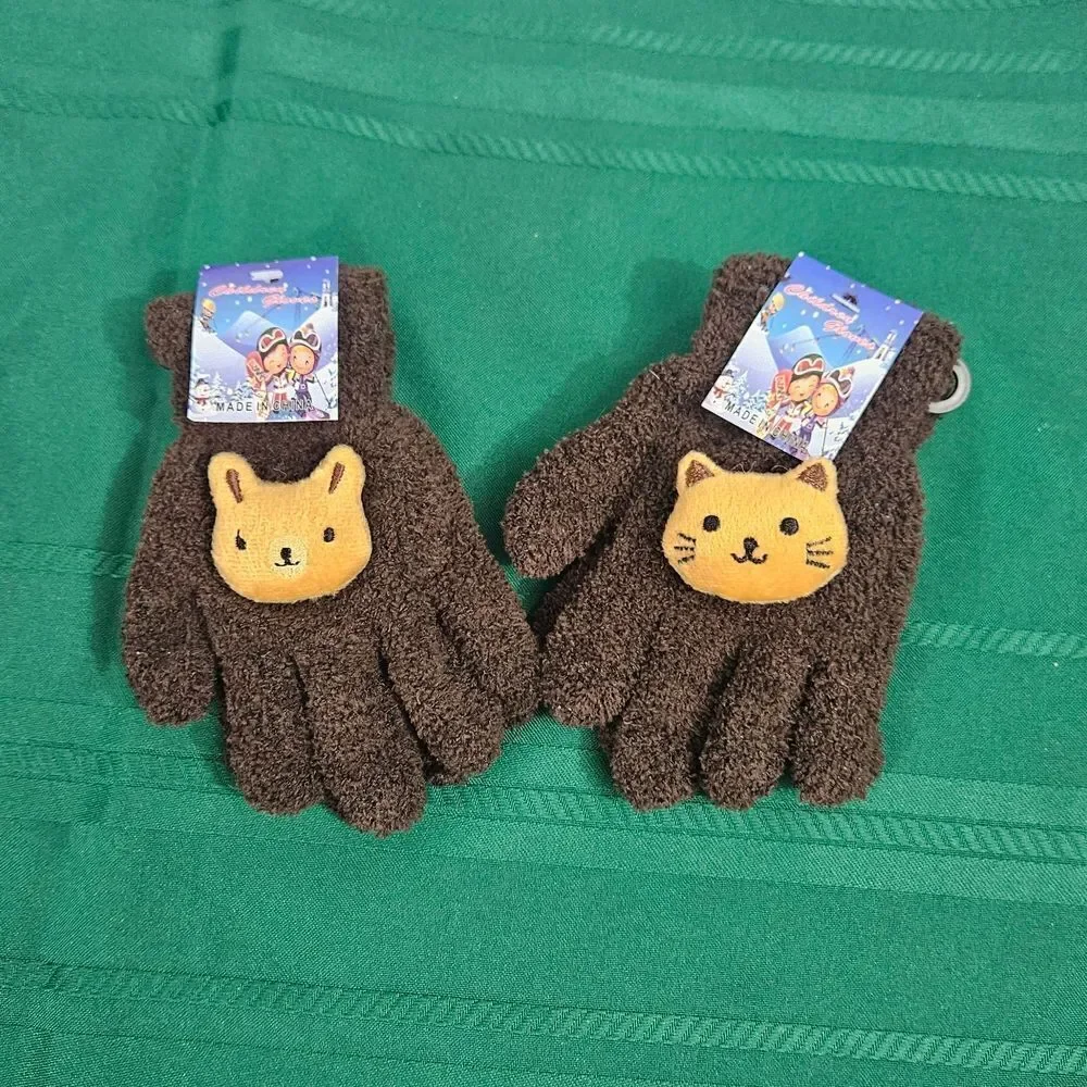 2/$15 2 Pairs Brown Kids Mittens with Animal Design